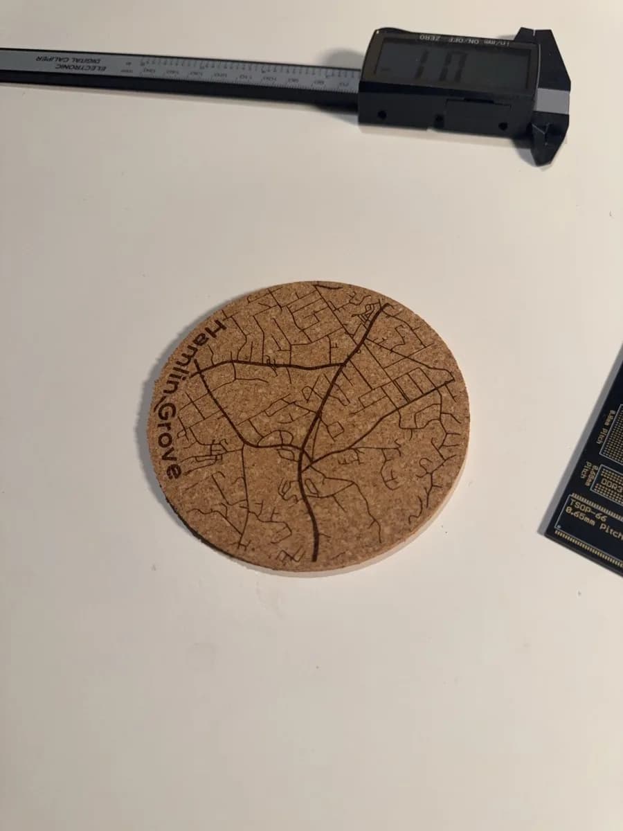 Laser-engraved Hamlin Grove street-map cork coaster
